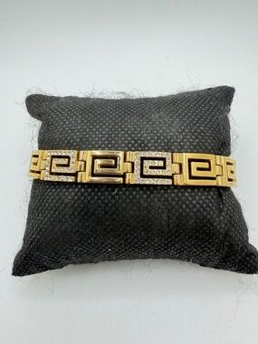 7.5" Gold tone metal and pave rhinestones 10mm thick Greek Key Bracelet!
